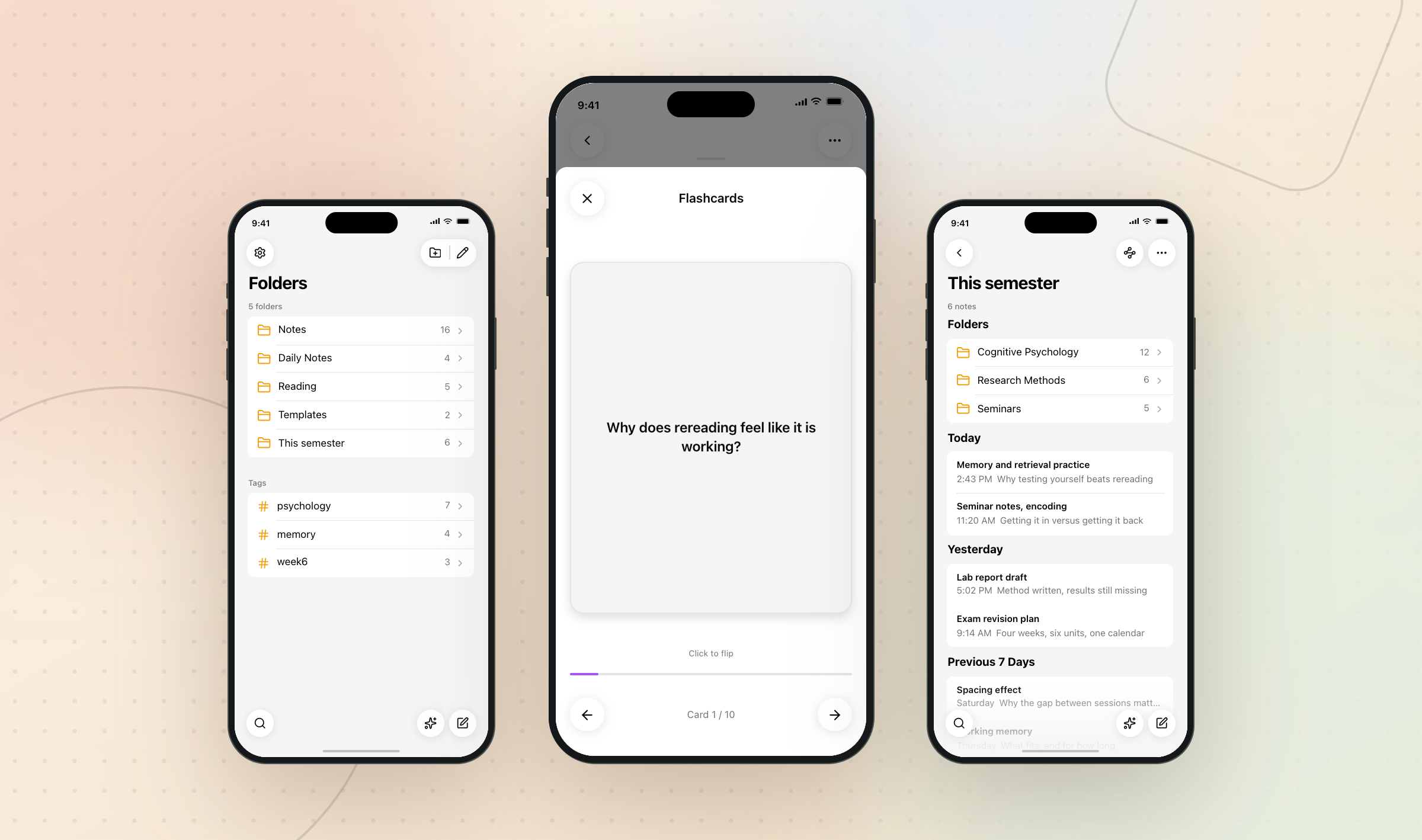 The same deck open on an iPhone, between the folder list and the note list of the same workspace