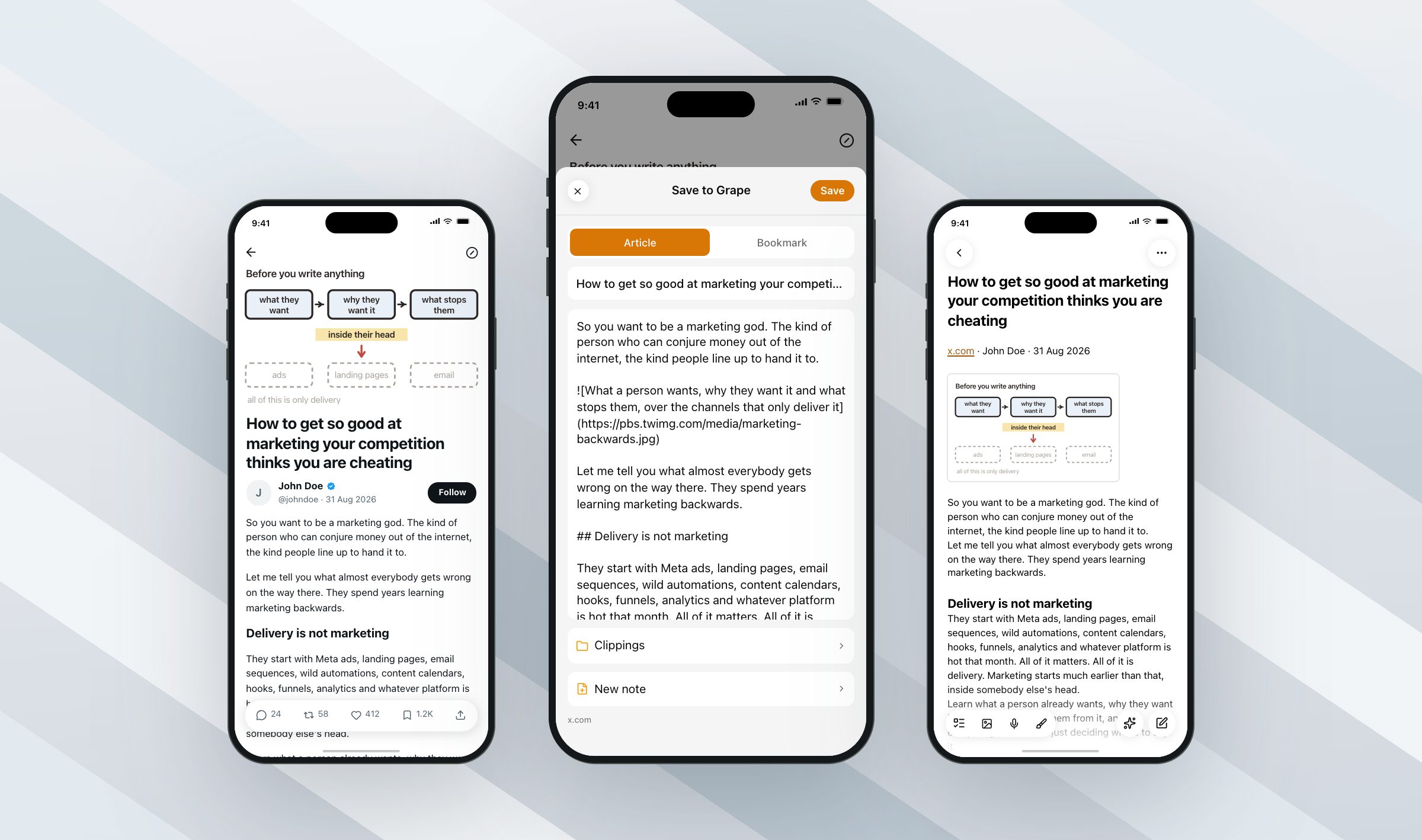 The Grape share sheet on an iPhone, between an article open in the X app and the note it became, on three phones