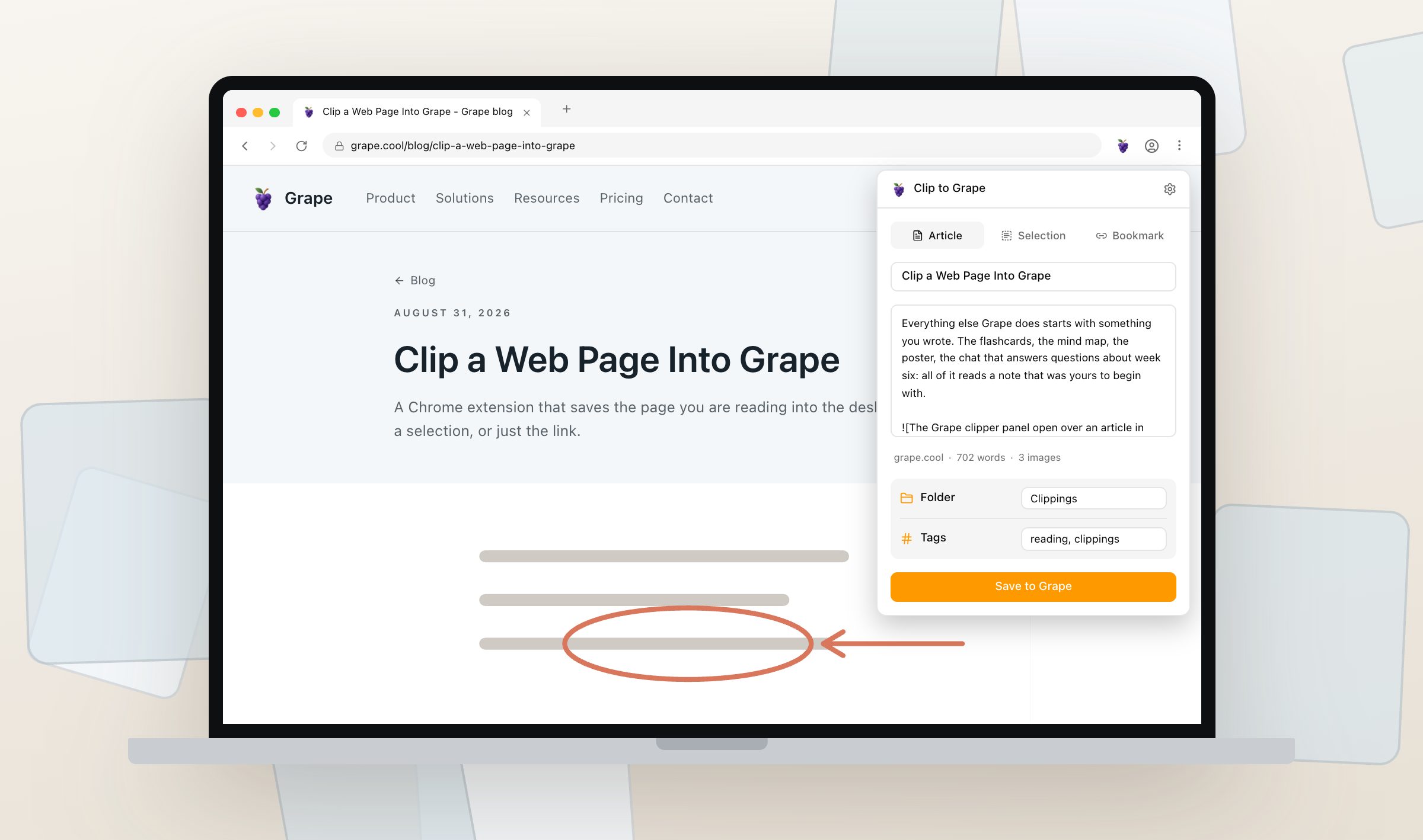The Grape clipper open in Chrome on a MacBook, a blog post on the left and the clip panel on the right with the folder and tags ready to save