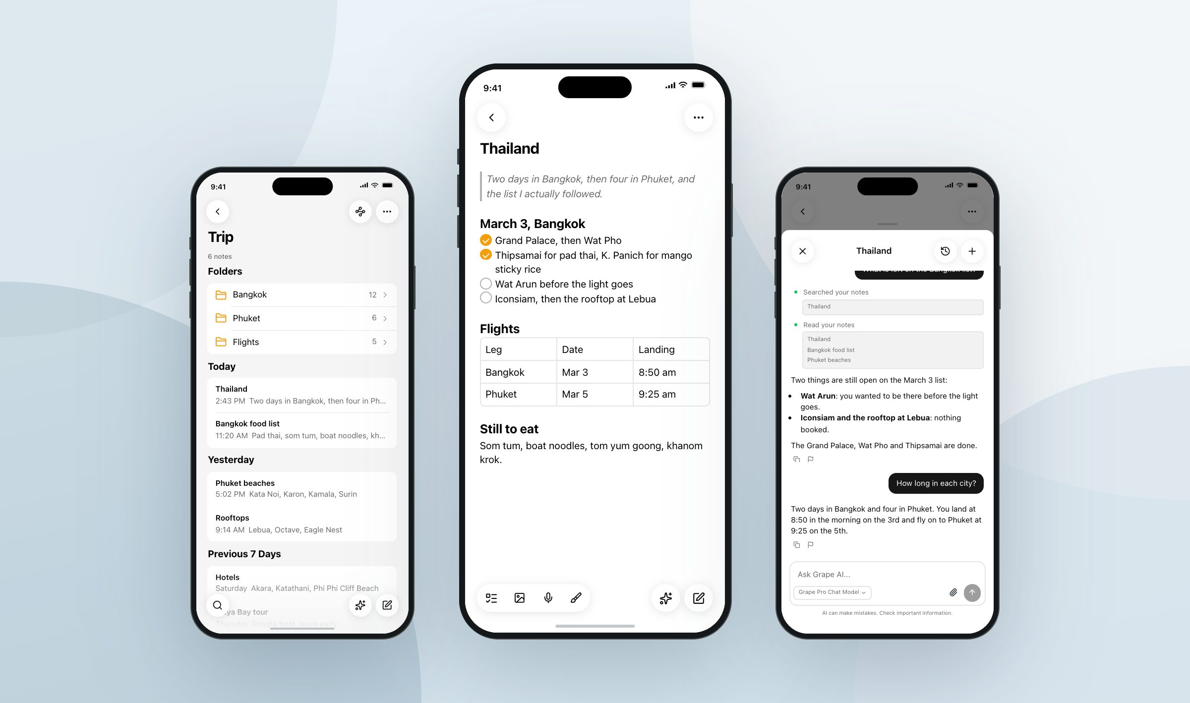 Grape on three iPhones, the note list of a Trip folder, the same Thailand note open, and the AI chat answering questions about it